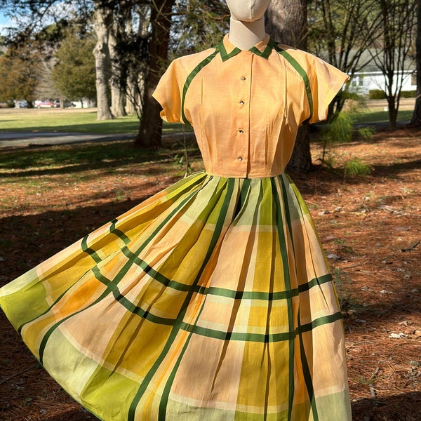 1950s Autumn Colors Cotton Plaid Dress Pat Hartly 34 Bust Vintage