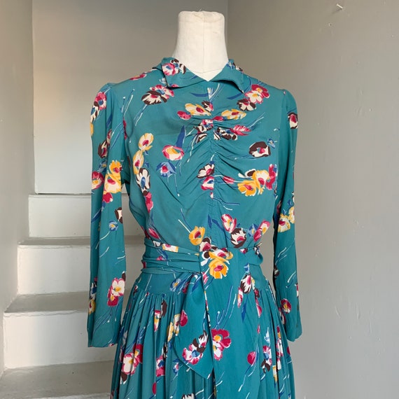 1940's Rayon Floral Print Turquoise