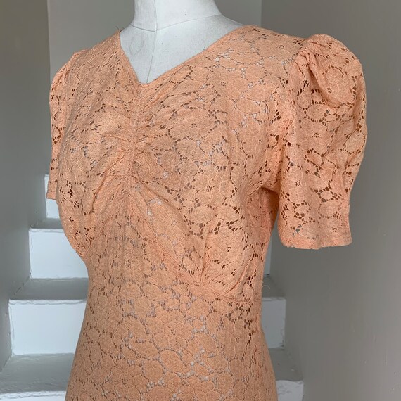 1930s Summer Cotton Peach Lace Gown Puffed Sleeves