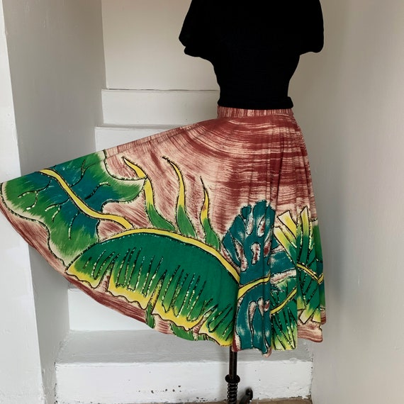 1950s Hand Painted Mexican Tourist Skirt Monstera