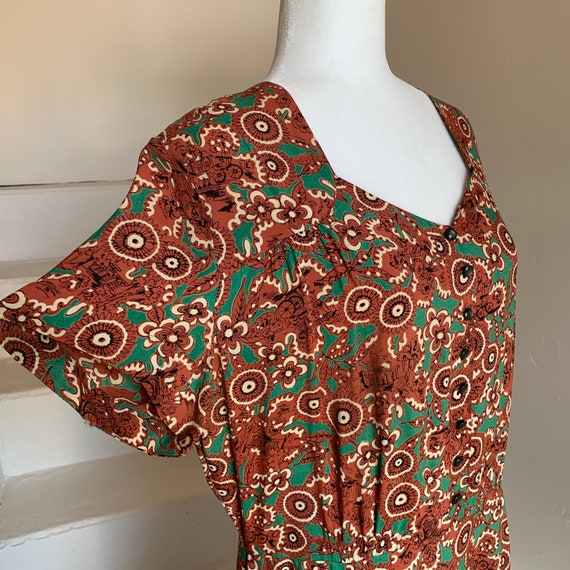Voluptuous 1940s Rayon Print Dress with Flounce an