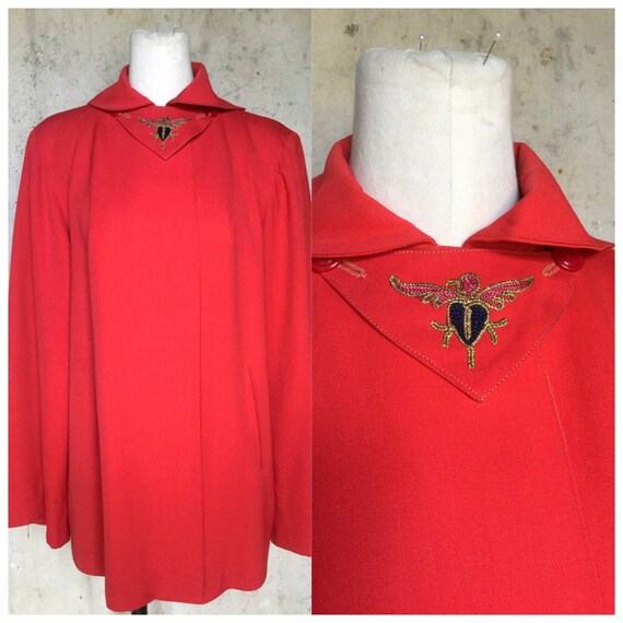 1940s Red Rayon Gabardine Swing Coat Military Moti