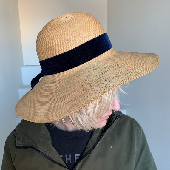 1940s Finely Woven Straw Sun Hat Blue Velvet Bow S
