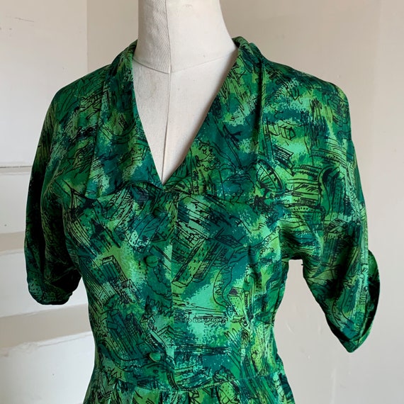 1950s Rayon City Print Shirt Dress 36 Bust Novelty