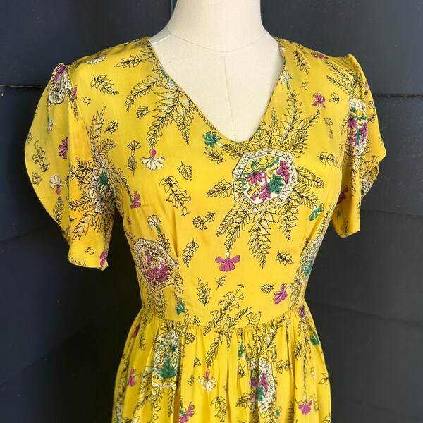 1940s Vivid Yellow Floral Rayon Flutter Sleeve Dress