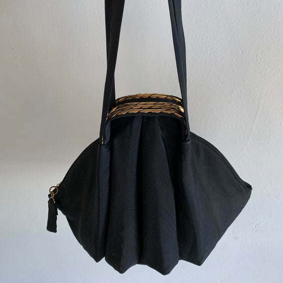 1940s Black Evening Bag Double Top Handles with Brass and Blue Stone Accents Opera Purse