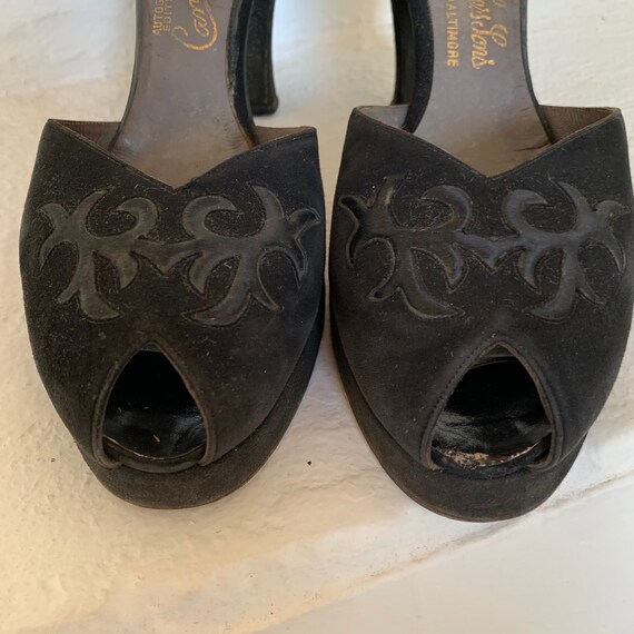 Beautiful Film Noir Black Suede and Satin Peep Toe