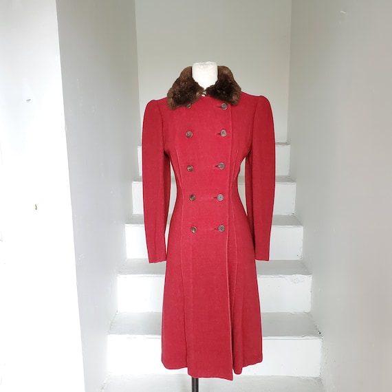 1940s Hourglass Fitted Princess Coat Red Wool Mout