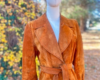 1970s Chestnut Belted Suede Cropped Jacket Vintage 36 Bust Made in Canada