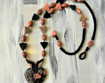 Heart & Triangles Necklace, Leopard Skin Jasper Pendant Goldstone Necklace Black Burnt Orange Gold  Beadwoven  Beads and Rope Gift For Her