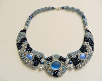 Unique Blue Lagoon Statement Necklace Blue Silver Navy Blue Embroidery Colarl Necklace Handmade Beadwork Jewelry