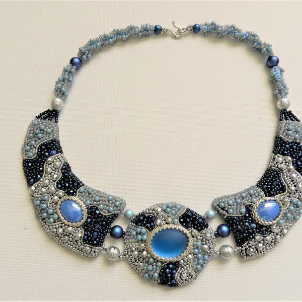 Unique Blue Lagoon Statement Necklace Blue Silver Navy Blue Embroidery Colarl Necklace Handmade Beadwork Jewelry