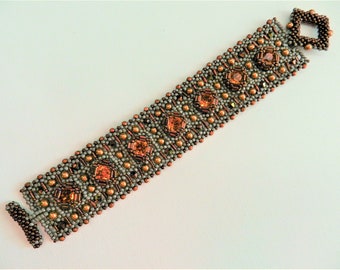 Copper And Pewter Bracelet, Handwoven Bracelet, Swarovski Elements; Crystal Chatons, Crystal Pearls Bracelet, Seed Beads Woven Bracelet,