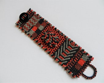 Statement Boho Tapestry Bracelet Red BlackGray Wide Bracelet Beadwoven Bangle Peyote Stitch Geometric Pattern Bracelet Winter Comfort Cuff