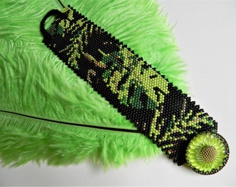 Tropical Pattern Black Green Beadwoven Bracelet, Unique Cuff bedwork Bracelet, Trendy Beadwork Bracelet