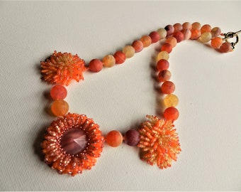 Orange Pink Yellow Necklace Beadwoven & Gemstones Summer Bright Sunny Energetic  Beadwork Cloudberries Necklace with Beaded Daisy Flowers