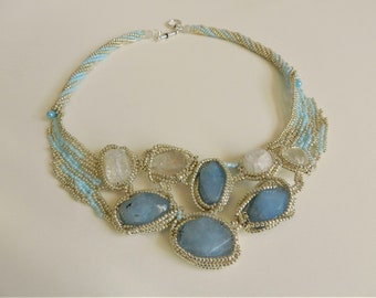 Unique, Organic, Lacy, Statement Soft Blue Silver Necklace, Beadwoven & Wire Wrapped Collar, Aquamarine, Quartz And Seed Beads Necklace