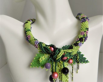 Vibrant Summer  Berries Unique Rope Necklace Green Purple Lilac Beadwoven Necklace with Swarovski Crystal Pearls and Natural Agate Stone