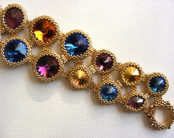 Klimt - Art Nouveau - Modern Intricate  Beadwoven Bracelet With Gold Blue Purple Swarovski Crystals, Unique Bracelet, Classy Stylish Jewelry