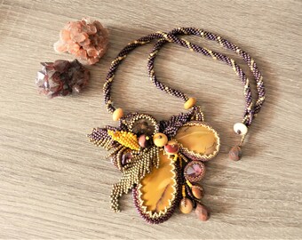 Yellow Burgundy Gold Healing Mookaite Natural Stones Necklace, Unique Autumn Colours Necklace, Indian Summer Beadwork Necklace Perfect Gift