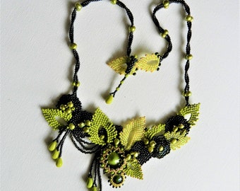 Fringe Fresh Green Gold Black Necklace  Beadwork Leaves Nature  Freshwater Green Pearls  Unique OOAK Jewelry Gift for Her