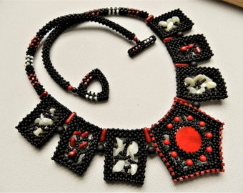 Geometric Black Red Beadwoven Beadwork Necklace, Collar Necklace Modern Intriguing Sensual Necklace with Coral and Mother Of Pearl Inserts