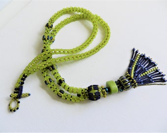 Extra Long Fashionable Morning Glories Beadwoven Necklace Lariat Necklace With Tassel Green Blue Beadwork Seed Beads and Stone Necklace