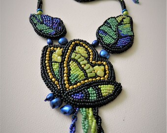 Butterfly Beaded Embroidery Necklace, Butterfly Jewelry,  Blue Green Navy Blue Beadwoven Jewelry, Insect Beadwork Necklace, OOAK Necklace