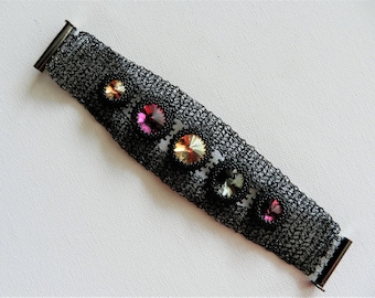 Black Wire Crochet Bracelet, Black Unique Crochet Bangle Artistic Wire Jewelry With Swarovski Gold Fuchsia Crystal Cuff, Hand Crafted Bangle