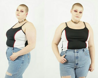 90's Vintage Black Racer Tank XL - 1990s Racing Stripe Style Spaghetti Strap Large Top - Health Goth Babe Belly Shirt XXL Plus Size