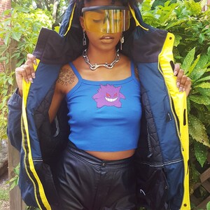 90's Gengar Patch Tank Top - Small Ghost Poison Pokemon Woman's Cropped Tee - Blue Purple Patched Shirt - 1990's Spring Summer Fashion
