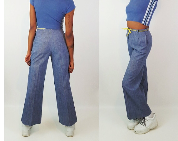 70s Vintage Blue & White Vertical Striped Cotton Trousers XS Small - 1970s Stripe Casual Flare Leg Pants - VTG Funky Trousers With Pockets