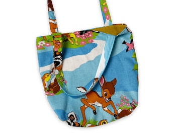 Handmade BAMBI Tote Bag Upcycled Vintage Recycled Fabric - 90s Kids Sheets Rework Shoulder Bag - One Of a Kind Unique Cartoon Tote w/ Lining