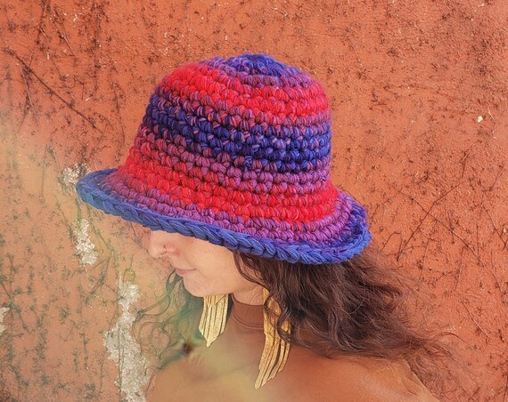 Handmade Crochet Red and Blue Striped Bucket Hat - Unique Purple Stripe Womens Knit Hats - Soft Handknit Fall Winter Statement Trendy Hat
