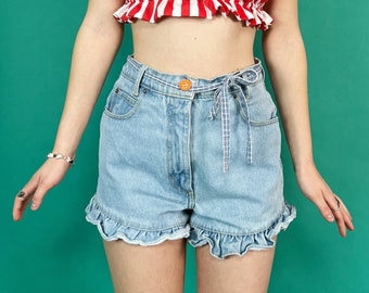 90's Ruffle Hem Jean Shorts 28" High Waist - Vintage Summer Shorts w/ Girly Detail Everyday Denim Shorts - Vintage Blue Jean Nineties Shorts