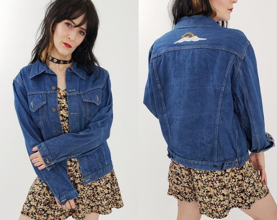 70's Vintage Denim Jacket with Sunshine Embroidery Medium - Worn In Soft Jean Jacket Everyday Coat - Unlined Blue Jean Coat