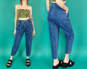 90's Pleated Front DEADSTOCK Vintage Denim 29" High Waist - Dark Classic Blue Jeans Tapered Leg High Waist Small - Casual Trouser Jeans VTG