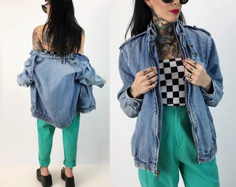 90's Soft Slouchy Denim Blue Jean Jacket Medium Adult - Casual Denim Everyday Distressed Worn Zip Up Front VTG Everyday Coat W/ Buckles