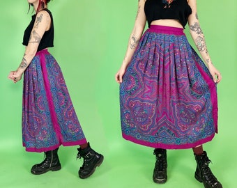 90er Jahre Bedruckter Paisley Maxirock A-Linie Hohe Taille XS - Pink Lila Allover Print Lässiger Vintage Rock - Kunstseide Midi/Maxi mit Taschen