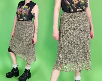 Y2K Allover Print Overlay Midi Skirt Elastic Waist M/L - Vintage Tan Brown Earthy Double Layer Overlay Midi - 2000's Casual Spring Skirt