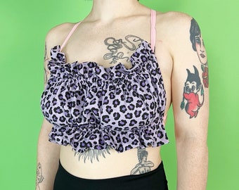 Handmade Backless Leopard Print Crop Top One Size - Reclaimed Upcycled Vintage Fabrics Summer Festival Crop Top - 1 of 1 Strappy Open Back