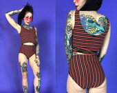 90 39 s Two Piece Matching Summer Bottom w Tank Top Set Small - VTG Mixed Striped Casual High Waist Coordinates Beach Lounge Aerobic Tankini