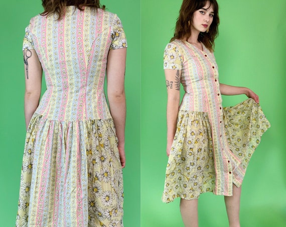 90's Y2K DEADSTOCK Mixed Prints Floral Midi Dress Size 6/8 - Pastel Vintage Drop Waist Snap Front Casual Dress - RARE Spring Dress NWT Paris