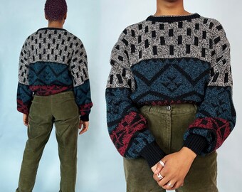 90's Knit Geometric Mens Sweater Medium - Vintage Dark Tones Blue Gray Black Knitted Acrylic Dad Crew Neck - Everyday Pullover Casual Knit