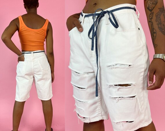 Cutoff Shredded Long White Denim Shorts Womens Mid Rise 6/7 - VTG Ripped Jean Shorts 29" Waist - Long Summer Denim Distressed Casual Shorts