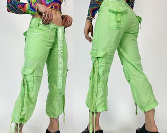 Y2K Vintage NEON Green Capri Cargo Pants - Multiple Sizes - DEADSTOCK Low Rise Strappy Avant 2000's Pants w/ Cargo Pockets & Drawstring Legs