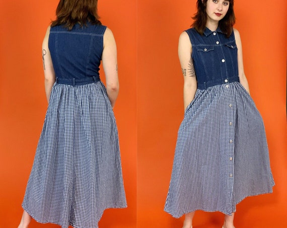 90's Denim Gingham Vintage Midi Dress with Pockets US Small 4/6 - RARE Sleeveless Summer Everyday Causal Button Front Blue Jean A-line Dress
