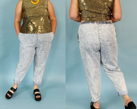 80's Vintage High Waist Acid Wash Casual Pants XL 16 - Womens Basic Elastic Waist Soft Tapered Denim Pants w/ Pockets - Plus Size VTG Jeans