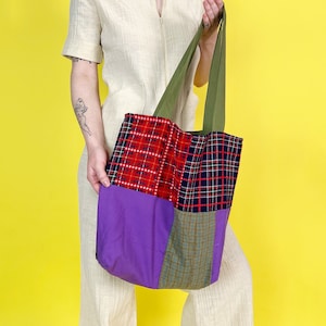 Handmade Upcycled Patchwork Tote Bag - Vintage Recycled Fabrics Mixed Prints Carry All Shoulder Bag - One Of a Kind Unique Tote w/ Lining