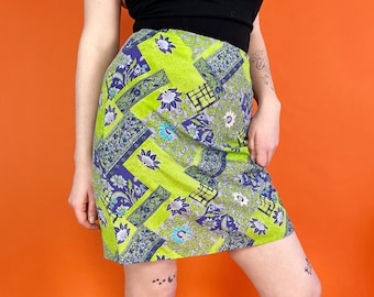 Y2K Mixed Prints Mini Skirt Mid-High Waist 32" - Neon Green Purple Allover Pattern Polyester Mini - Fitted 2000's Casual Mini Skirt Side Zip